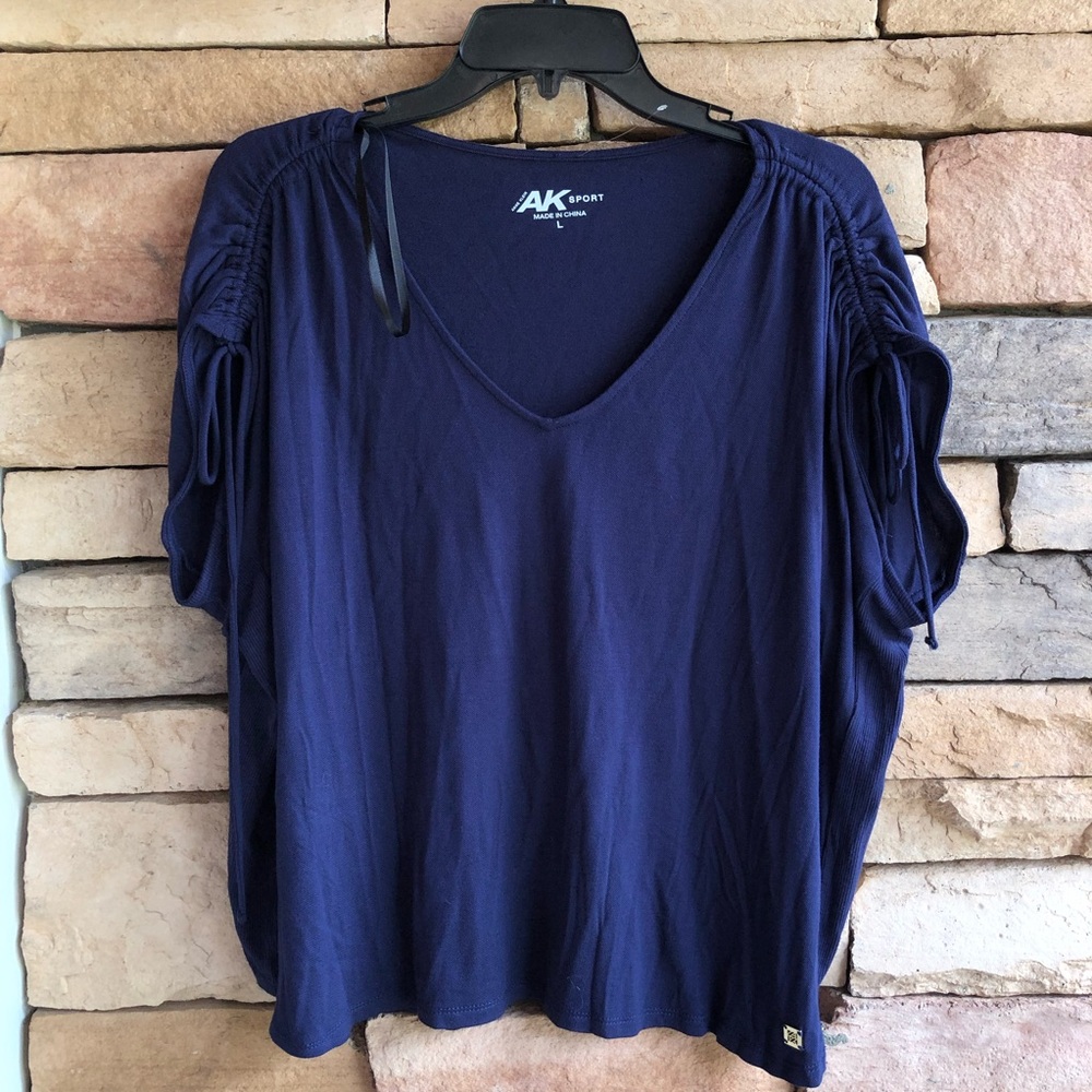 Anne Klein navy blue short sleeve cinch shirt top NWT Women Large